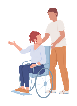 Homem apoia senhora em cadeira de rodas  Ilustração