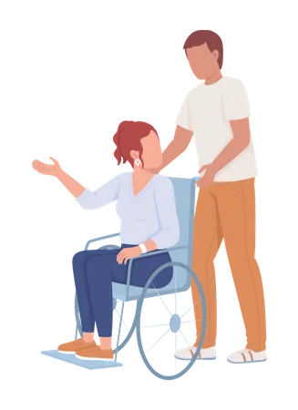 Homem apoia senhora em cadeira de rodas  Ilustração