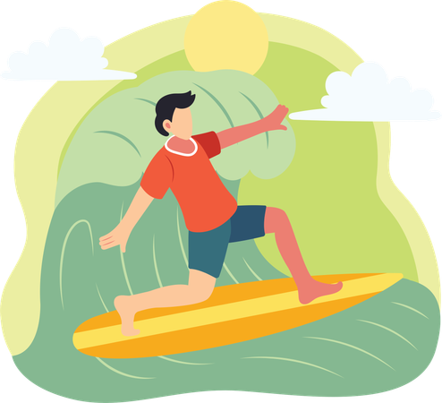 Homem surfando nas ondas com prancha de surfe ao ar livre  Ilustração