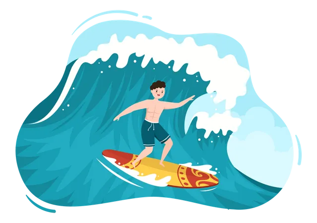Surf De Verao De Atividades Esportivas Aquaticas Ilustracao De Desenho Animado Com Ondas Oceanicas Em Pranchas De Surf Ou Flutuando Em Prancha De Remo Em Estilo Plano Ilustração