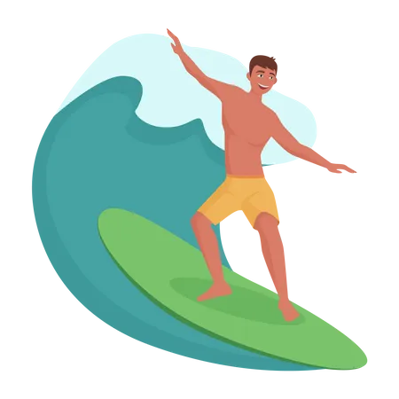 Homem surfando nas ondas  Ilustração