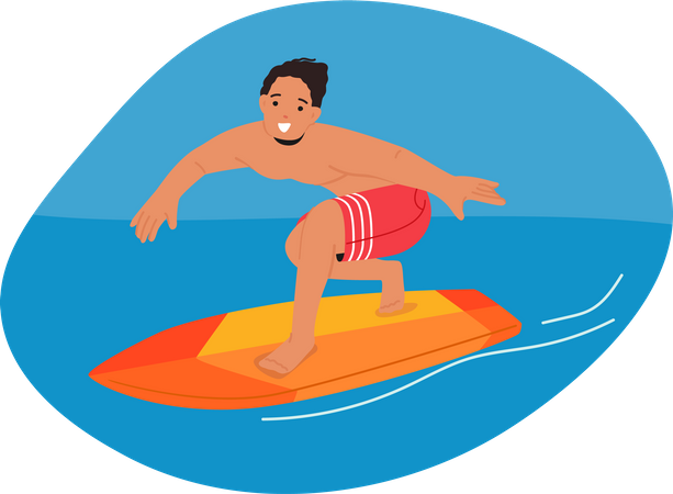 Homem surfista na prancha de surf andando nas ondas do mar  Ilustração