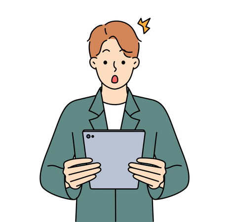 Homem surpreso ao olhar para tablet  Ilustração