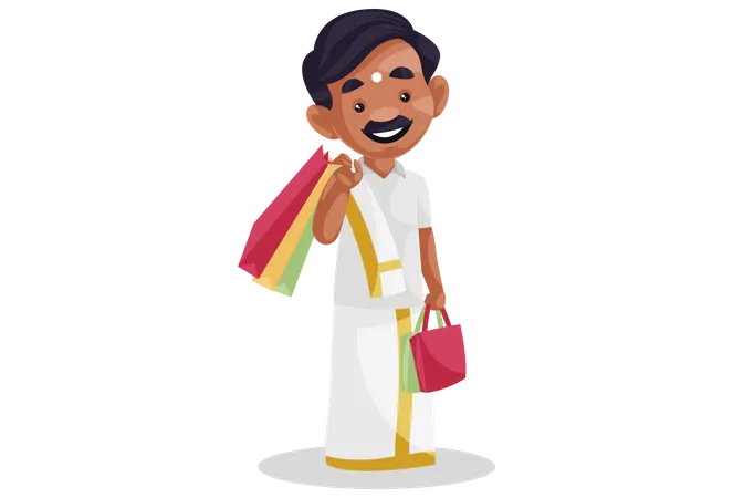 Homem tamiliano carregando sacolas de compras no ombro  Ilustração