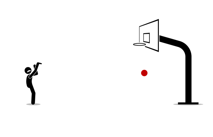 Homem tentando arremessar uma bola de basquete em uma cesta  Ilustração