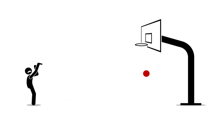 Homem tentando arremessar uma bola de basquete em uma cesta  Ilustração