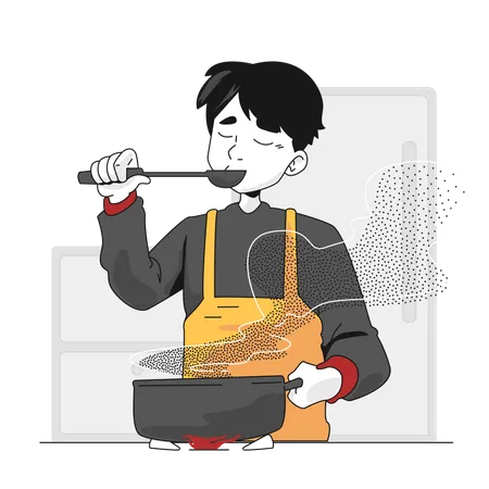 Homem tentando cozinhar comida  Ilustração