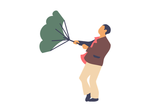 Homem tentando segurar guarda-chuva com vento forte  Ilustração