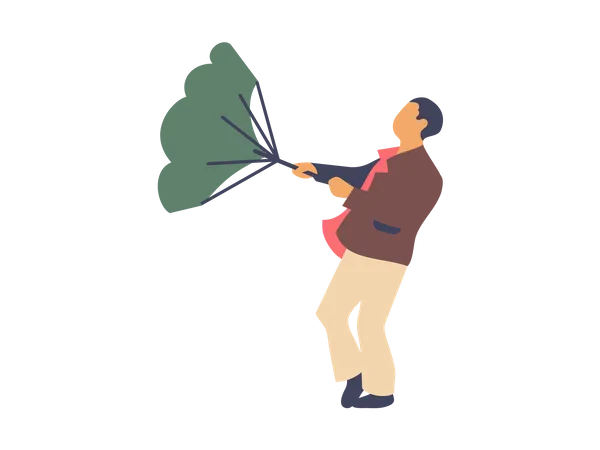 Homem tentando segurar guarda-chuva com vento forte  Ilustração