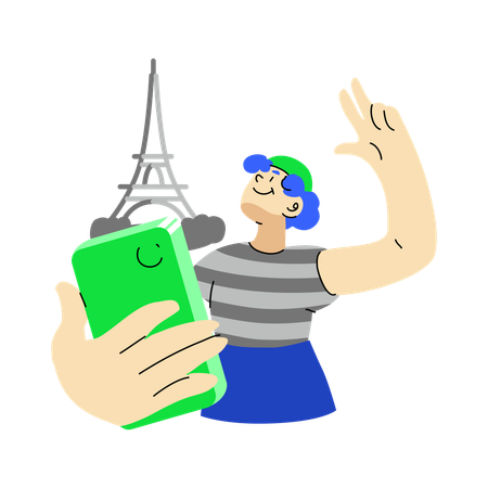 Homem tira selfies com a Torre Eiffel  Ilustração