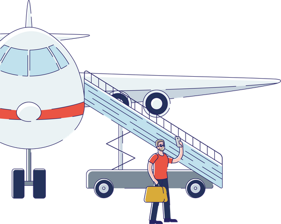 Homem tirando selfie com o avião antes de embarcar no avião  Ilustração