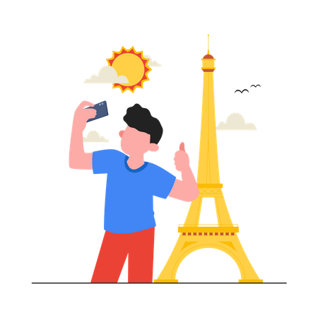 Homem tira selfie na Torre Eiffel  Ilustração