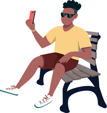 Homem tirando selfie enquanto está sentado no banco do parque  Ilustração