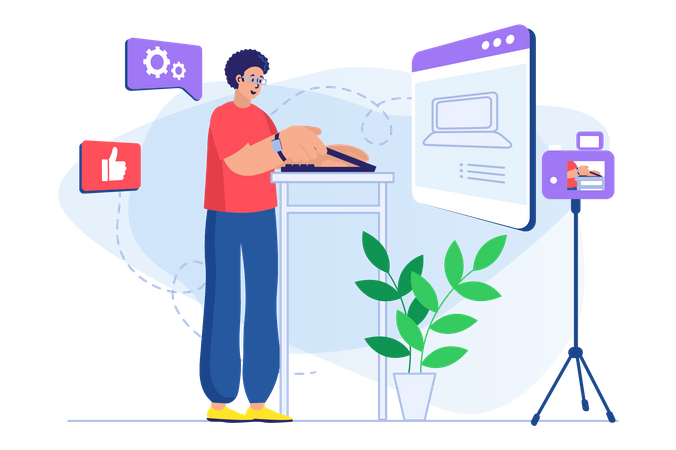 Homem filmando tutorial em vídeo  Ilustração
