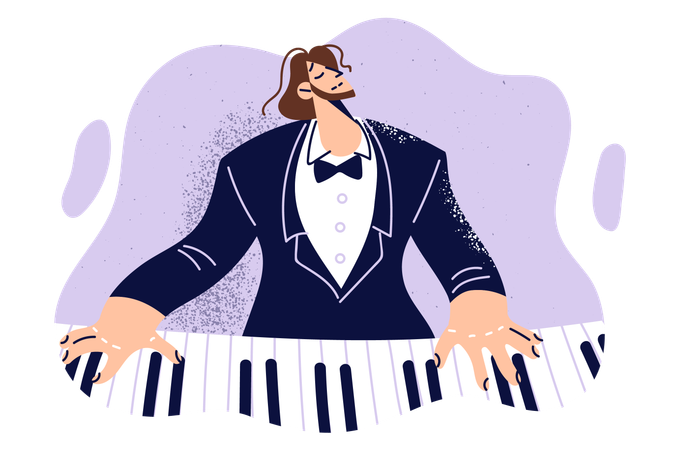 Homem toca piano tocando música clássica em instrumento musical de teclado para o público  Ilustração