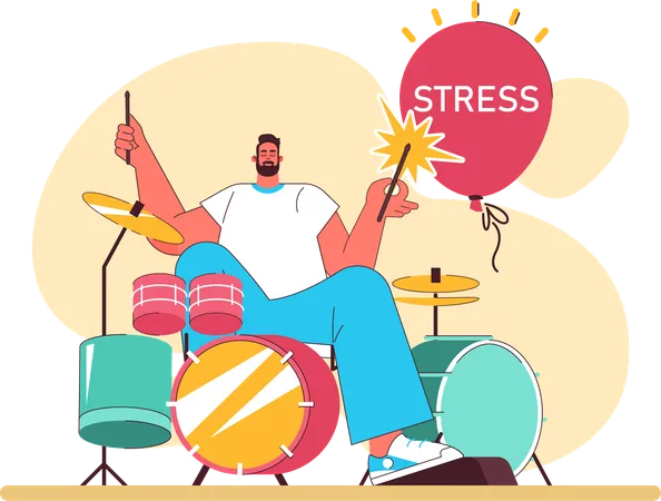 Homem tocando bateria para aliviar o estresse  Ilustração