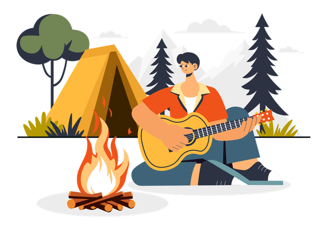 Homem tocando violão no acampamento  Ilustração