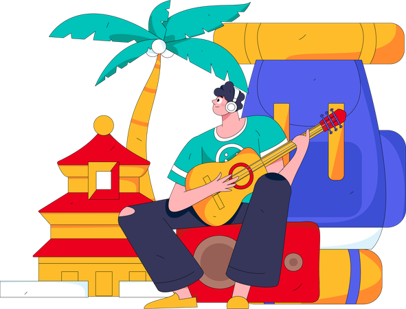Homem tocando violão no camping  Ilustração
