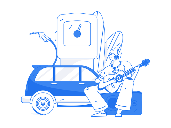 Homem tocando guitarra no posto de combustível  Illustration