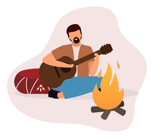 Homem tocando violão perto da fogueira  Ilustração
