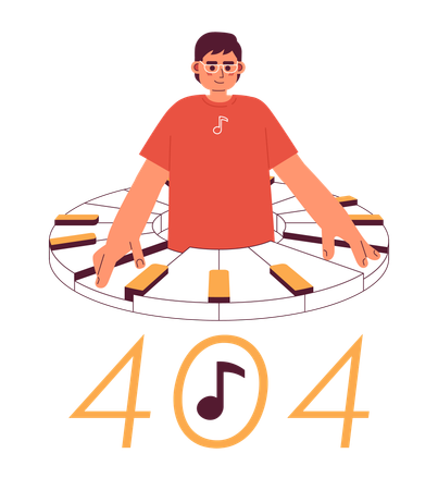 Homem tocando piano com mensagem flash de erro 404  Ilustração