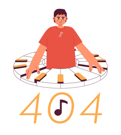 Homem tocando piano com mensagem flash de erro 404  Ilustração