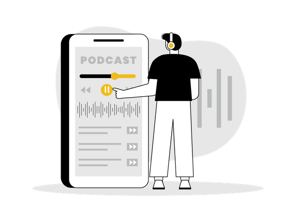 Homem tocando podcast de áudio  Ilustração