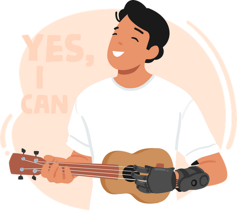 Homem tocando ukulele com braço protético  Ilustração