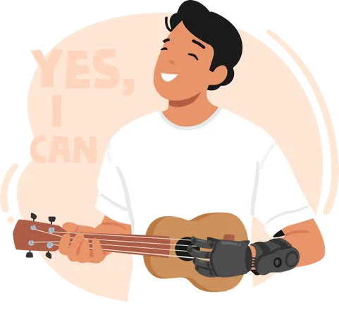 Homem tocando ukulele com braço protético  Ilustração