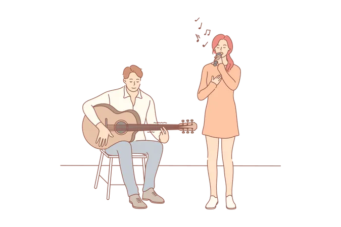 Homem tocando violão e garota cantando  Ilustração