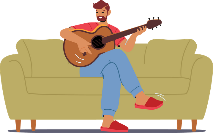 Homem tocando violão em casa  Ilustração