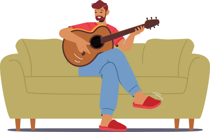 Cursos De Instrumento De Cordas Aulas Particulares De Violao Educacao Hobby Homem Maduro Tocando Guitarra Em Casa Personagem Masculino Isolado Sentado No Sofa Aprendendo A Brincar Ilustra O Vetorial De Pessoas Dos Desenhos Animados Ilustração