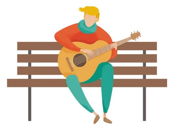 Homem tocando violão enquanto está sentado no banco do parque  Ilustração