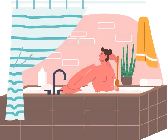 Homem tomando banho com sabonete dentro de uma banheira  Ilustração