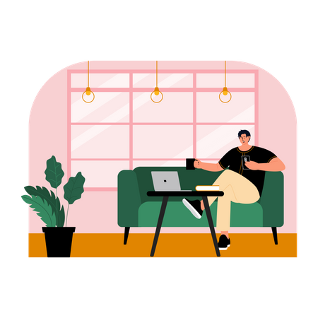Homem tomando café enquanto está sentado no café  Ilustração