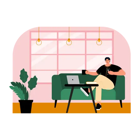 Homem tomando café enquanto está sentado no café  Ilustração
