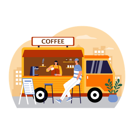 Homem tomando café no caminhão de café  Ilustração