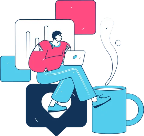 Homem tomando café enquanto trabalha no laptop  Ilustração