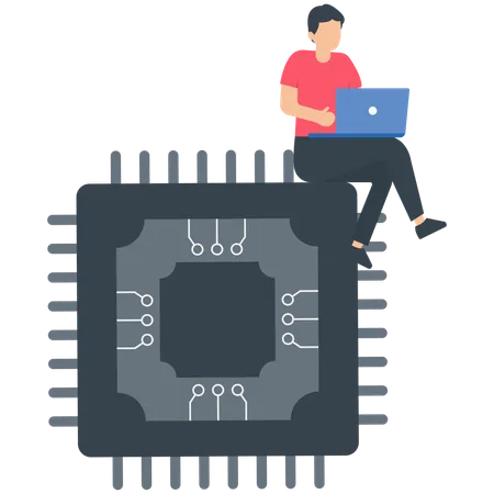 Homem trabalha com computador portátil em chip de inteligência artificial AI  Ilustração