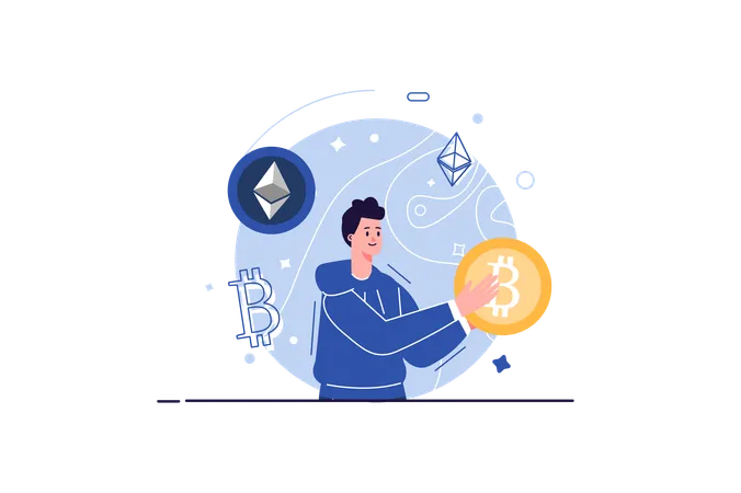 Homem trabalha com criptomoeda e ganha dinheiro  Illustration