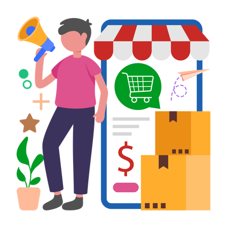 Homem trabalha em mercado de comércio eletrônico  Ilustração