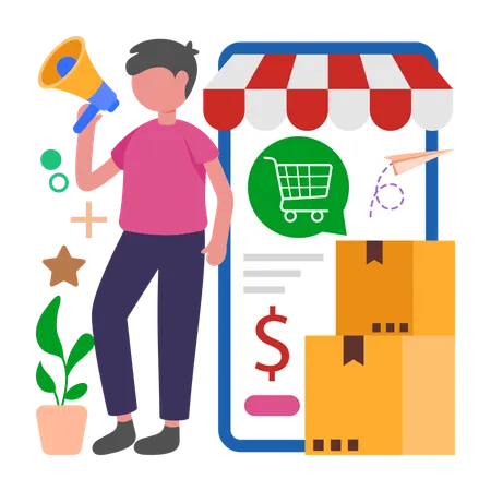 Homem trabalha em mercado de comércio eletrônico  Ilustração