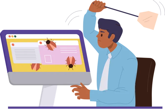 Trabalhador de garantia de qualidade do homem pegando bugs na tela do computador  Ilustração