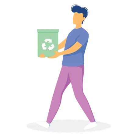 Trabalhador de limpeza masculino segurando a lata de lixo  Ilustração