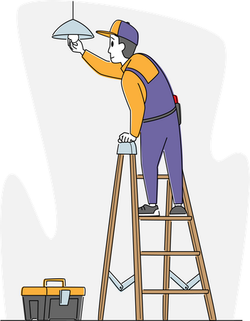 Eletricista trabalhador em pé na escada da sala de estar, lâmpada pendurada no teto, trocando lâmpadas queimadas  Ilustração