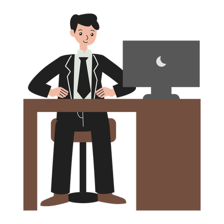 Trabalhador de homem na mesa do computador  Ilustração