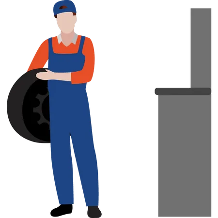 Trabalhador masculino segurando pneu de carro  Ilustração
