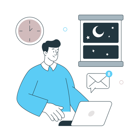 Homem trabalhando até tarde da noite no laptop Produtividade  Ilustração
