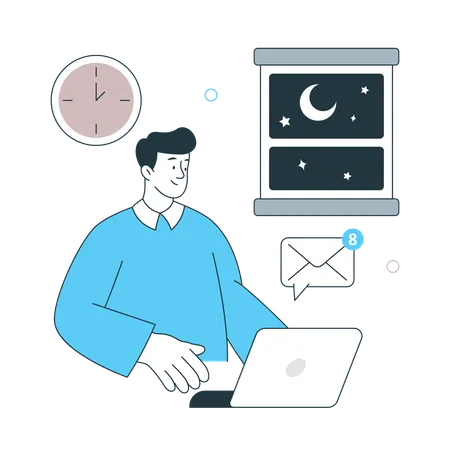 Homem trabalhando até tarde da noite no laptop Produtividade  Ilustração