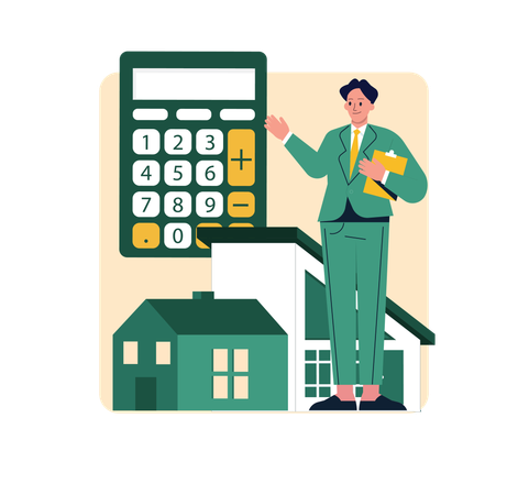 Homem trabalhando com calculadora de empréstimos  Ilustração